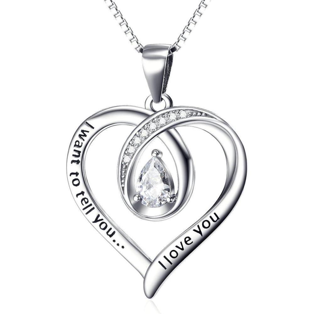 image:imageYFN Sterling Silver Heart Pendant Necklace Engraved I Want to Tell You I Love You with Pear Shape Cubic Zirconial Birthday Jewelry Gift 18 for Girlfriend Wife Women
