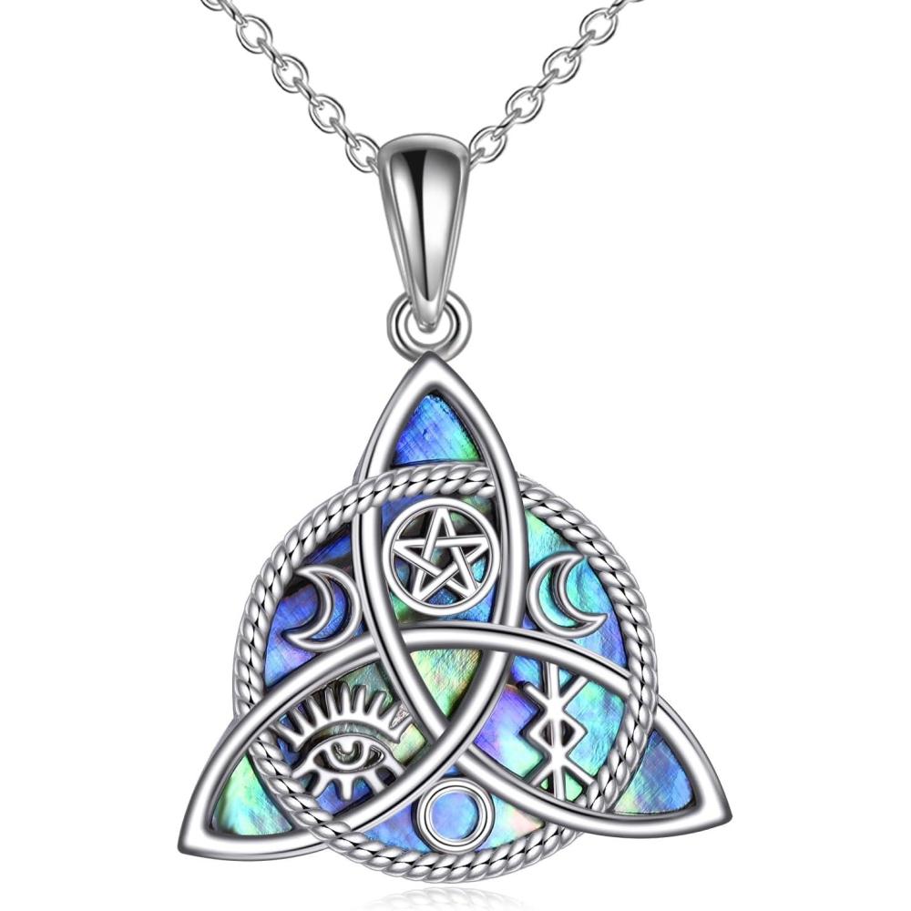 image:imageYFN Triple Moon Goddess Necklace Sterling Silver Pentagram Pentacle Opal Pendant necklace Pagan Wiccan Magic Amulet Tree of Life Jewelry for Women Men 18AbaloneTrinity Knot Necklace