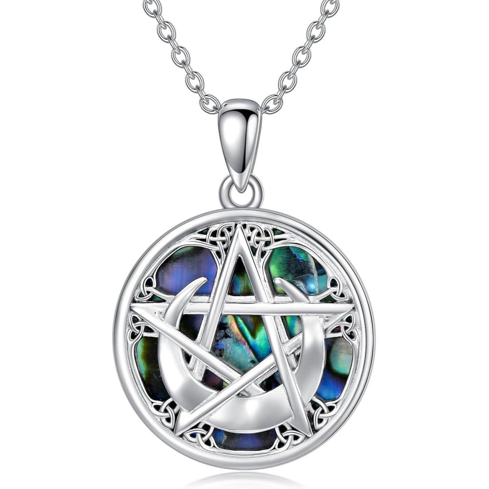 image:imageYFN Triple Moon Goddess Necklace Sterling Silver Pentagram Pentacle Opal Pendant necklace Pagan Wiccan Magic Amulet Tree of Life Jewelry for Women Men 18Viking Pentagram Moon Necklace