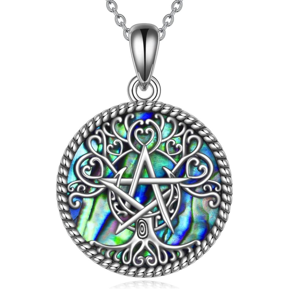 image:imageYFN Triple Moon Goddess Necklace Sterling Silver Pentagram Pentacle Opal Pendant necklace Pagan Wiccan Magic Amulet Tree of Life Jewelry for Women Men 18SilverTree Pentagram Necklace