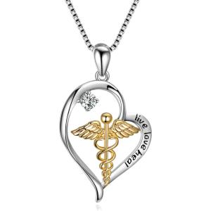 YFN 925 Sterling Silver Caduceus Angel Nursing Themed Pendant Necklace 18″(Live Love Heal Necklace)