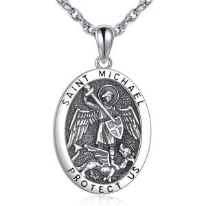 YFN 925 Sterling Silver Patron Saint Medal Necklace Amulet Necklace Protection Jewelry for Women and Men(with Gift Box)(B01 St. Michael)