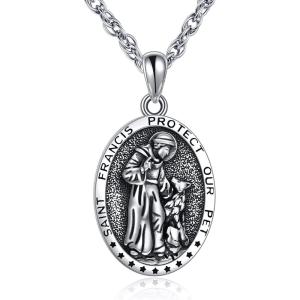 YFN 925 Sterling Silver Patron Saint Medal Necklace Amulet Necklace Protection Jewelry for Women and Men(with Gift Box)(C01 St. Francis)