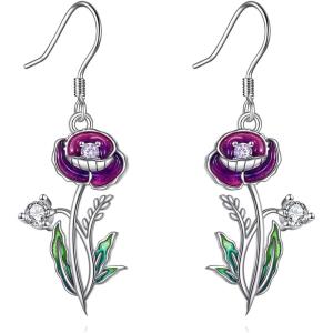 YFN Birth Month Flower Drop Dangle Earrings S925 Sterling Silver Birthday Jewelry Gifts for Women(Drop-Aug.Poppy Earrings)