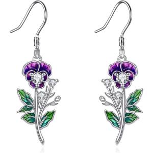 YFN Birth Month Flower Drop Dangle Earrings S925 Sterling Silver Birthday Jewelry Gifts for Women(Drop-February-Violet Earrings)