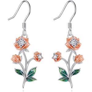 YFN Birth Month Flower Drop Dangle Earrings S925 Sterling Silver Birthday Jewelry Gifts for Women(Drop-Jun.Rose Flower Earrings)