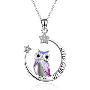 YFN Owl Necklace Inspirational Jewelry Sterling Silver Never Give Up Owl Gifts Moon Star Necklace for Women(Silver Owl Necklace)