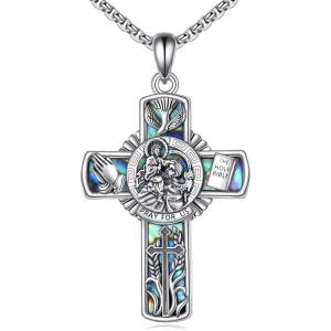 YFN Patron Saint Necklace Sterling Silver Amulet Medal Pendant Religious Protector Jewelry Gifts for Women Men(02. St Christopher (Cross))