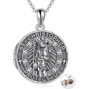 YFN Patron Saint Necklace Sterling Silver Amulet Medal Pendant Religious Protector Jewelry Gifts for Women Men(02. St Christopher (Locket))