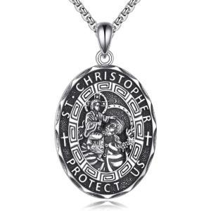 YFN Patron Saint Necklace Sterling Silver Amulet Medal Pendant Religious Protector Jewelry Gifts for Women Men(02. St Christopher (Oval))