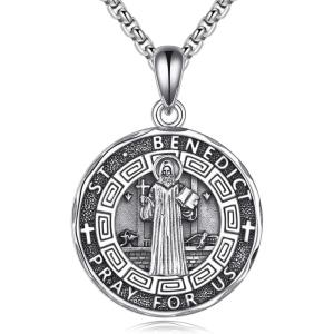 YFN Patron Saint Necklace Sterling Silver Amulet Medal Pendant Religious Protector Jewelry Gifts for Women Men(08. St Benedict)