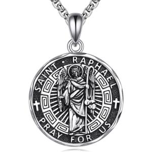 YFN Patron Saint Necklace Sterling Silver Amulet Medal Pendant Religious Protector Jewelry Gifts for Women Men(10. St Raphael)