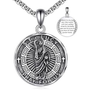YFN Patron Saint Necklace Sterling Silver Amulet Medal Pendant Religious Protector Jewelry Gifts for Women Men(18. St Lucy)