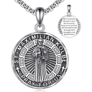 YFN Patron Saint Necklace Sterling Silver Amulet Medal Pendant Religious Protector Jewelry Gifts for Women Men(24. St Maximilian Kolbe)