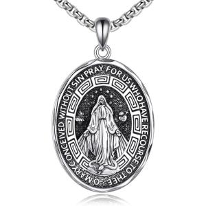 YFN Patron Saint Necklace Sterling Silver Amulet Medal Pendant Religious Protector Jewelry Gifts for Women Men(25. Virgin Mary (Oval))