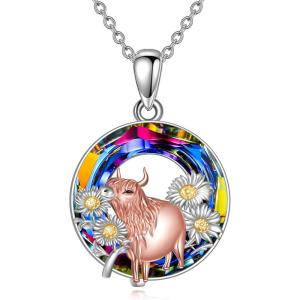 YFN Sloth/Owl/Cow/Otter/Highland Cow Gifts for Women Sterling Silver Sloth Animal Heart Pendant Necklace Jewelry(Silver-Crystal Highland Cows Necklace)