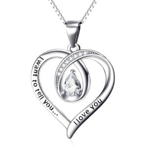 YFN Sterling Silver Heart Pendant Necklace Engraved ” I Want to Tell You I Love You” with Pear Shape Cubic Zirconial Birthday Jewelry Gift 18″ for Girlfriend Wife Women