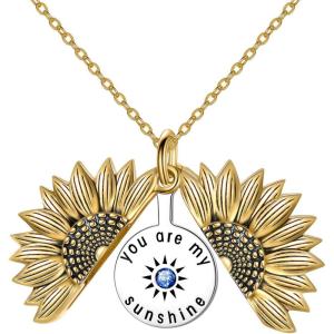YFN Sterling Silver Sunflower Locket Necklace You Are My Sunshine With Birthstone Engraved Pendant Necklaces Birthday Gift for Her(Yellow-Sep)