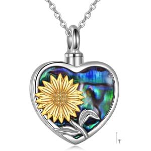 YFN Sterling Silver Sunflower Urn Necklaces for Ashes for Women Men, Abalone Cremation Jewelry for Ashes Memory Necklace Gift, Easter Keepsake for Women(Silver- Abalone Sunflower Urn Necklace)