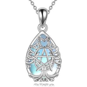 YFN Triple Moon Goddess Necklace Sterling Silver Pentagram Pentacle Opal Pendant necklace Pagan Wiccan Magic Amulet Tree of Life Jewelry for Women Men 18″(Moonstone-Triple Moon Goddess Necklace)