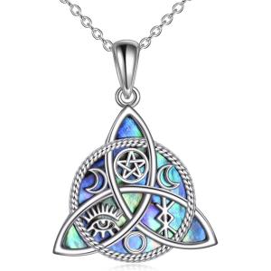 YFN Triple Moon Goddess Necklace Sterling Silver Pentagram Pentacle Opal Pendant necklace Pagan Wiccan Magic Amulet Tree of Life Jewelry for Women Men 18″(Abalone-Trinity Knot Necklace)