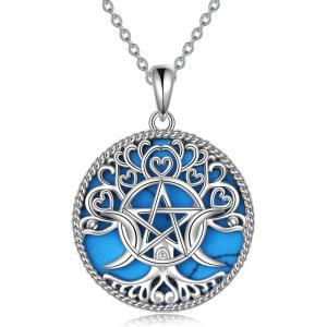 YFN Triple Moon Goddess Necklace Sterling Silver Pentagram Pentacle Opal Pendant necklace Pagan Wiccan Magic Amulet Tree of Life Jewelry for Women Men 18″(A-Turquoise Necklace)
