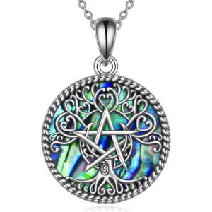 YFN Triple Moon Goddess Necklace Sterling Silver Pentagram Pentacle Opal Pendant necklace Pagan Wiccan Magic Amulet Tree of Life Jewelry for Women Men 18″(Silver-Tree Pentagram Necklace)