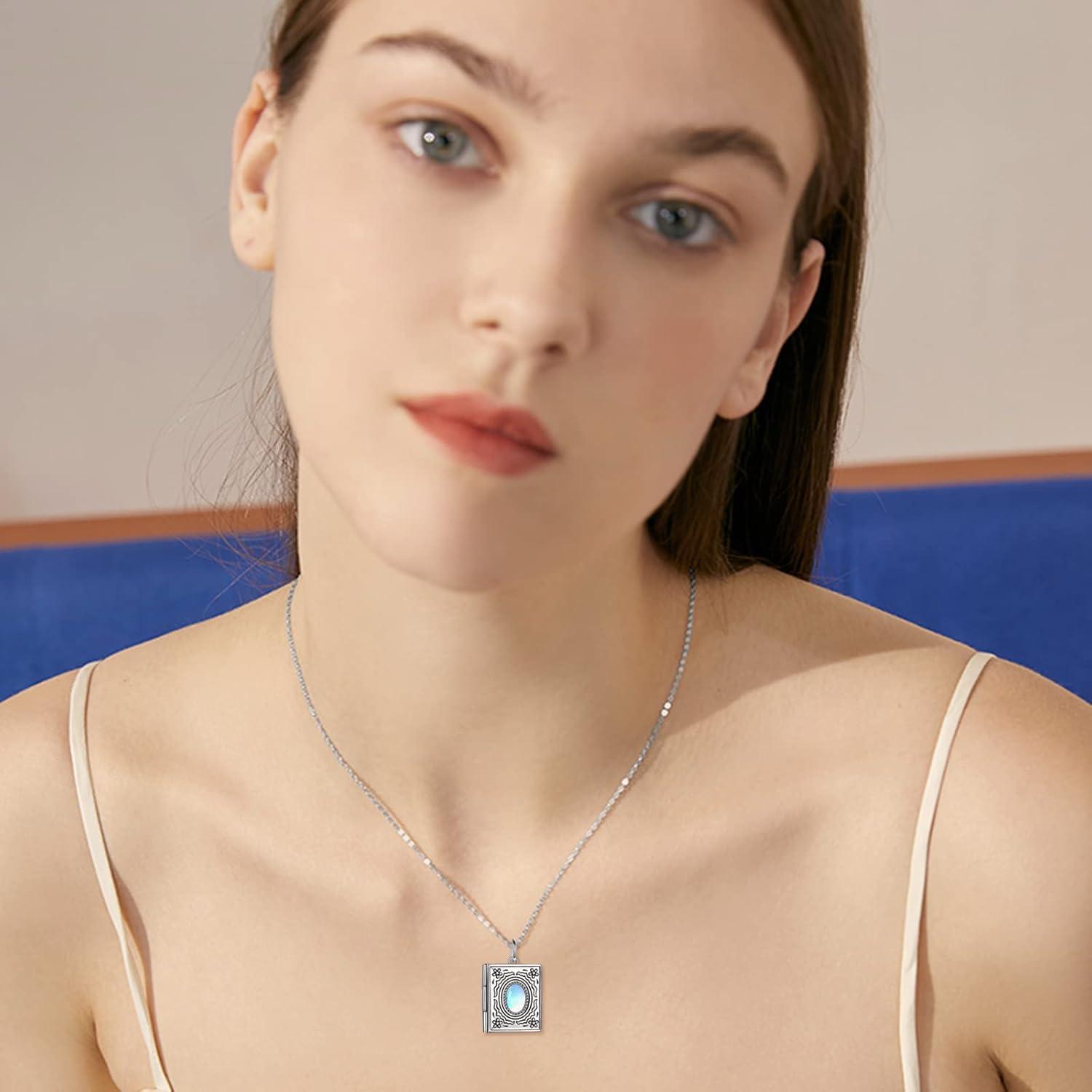 image:imagePhoto Locket Necklace 925 Sterling Silver Book Necklace that Holds Pictures Birthday Gifts for Women MomBook with Moonstone