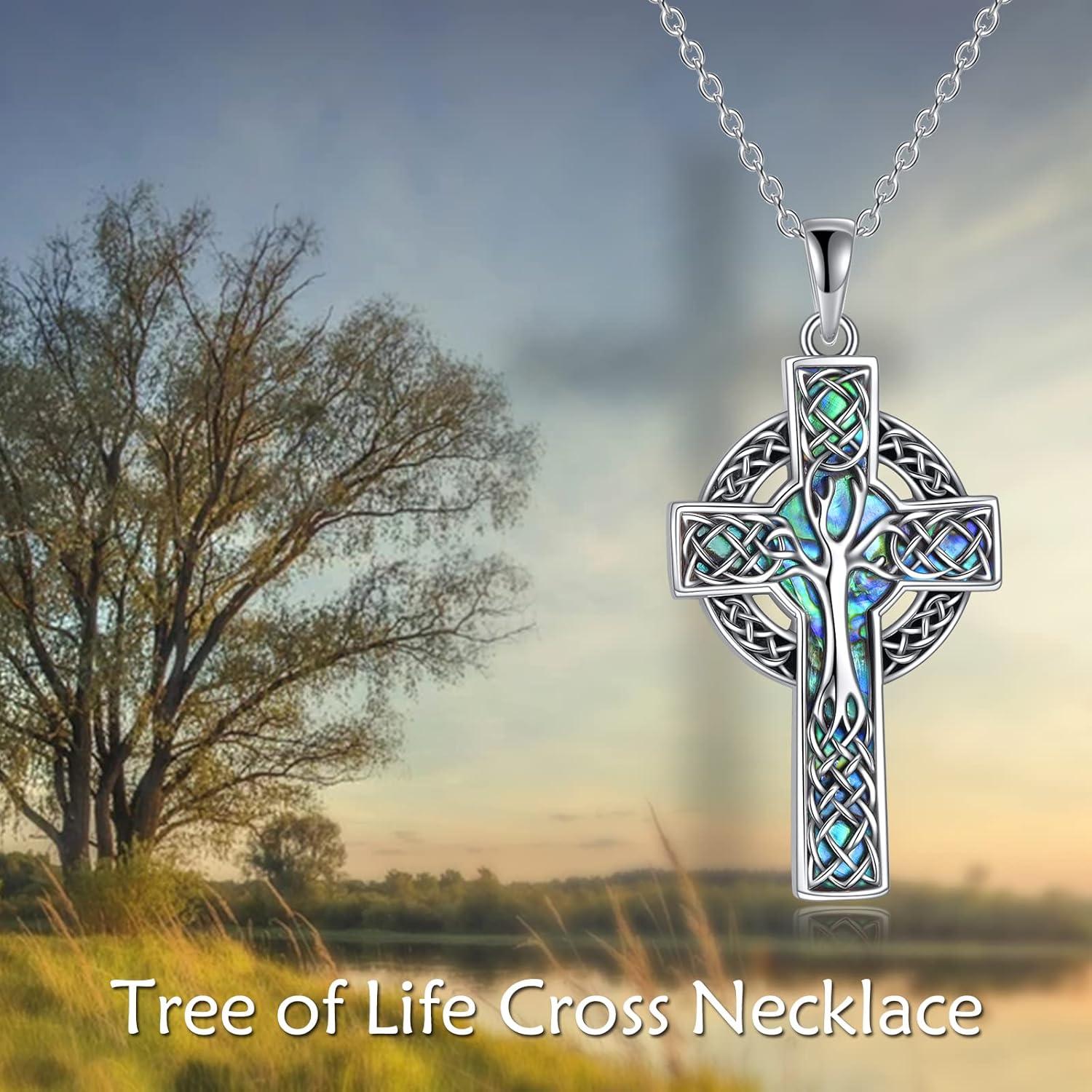 image:imageYFN Celtic Cross Necklace Sterling Silver Celtic Tree of Life Pendant Abalone Shell Cross Jewelry Gifts for Women Men