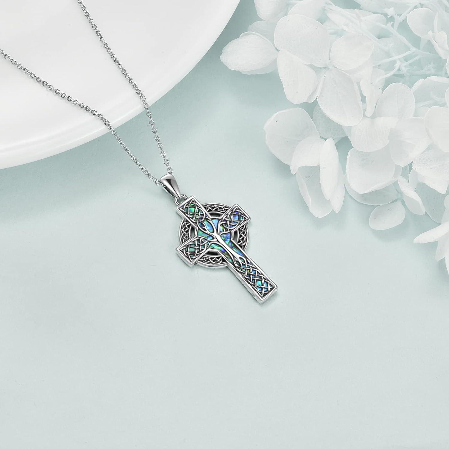 image:imageYFN Celtic Cross Necklace Sterling Silver Celtic Tree of Life Pendant Abalone Shell Cross Jewelry Gifts for Women Men