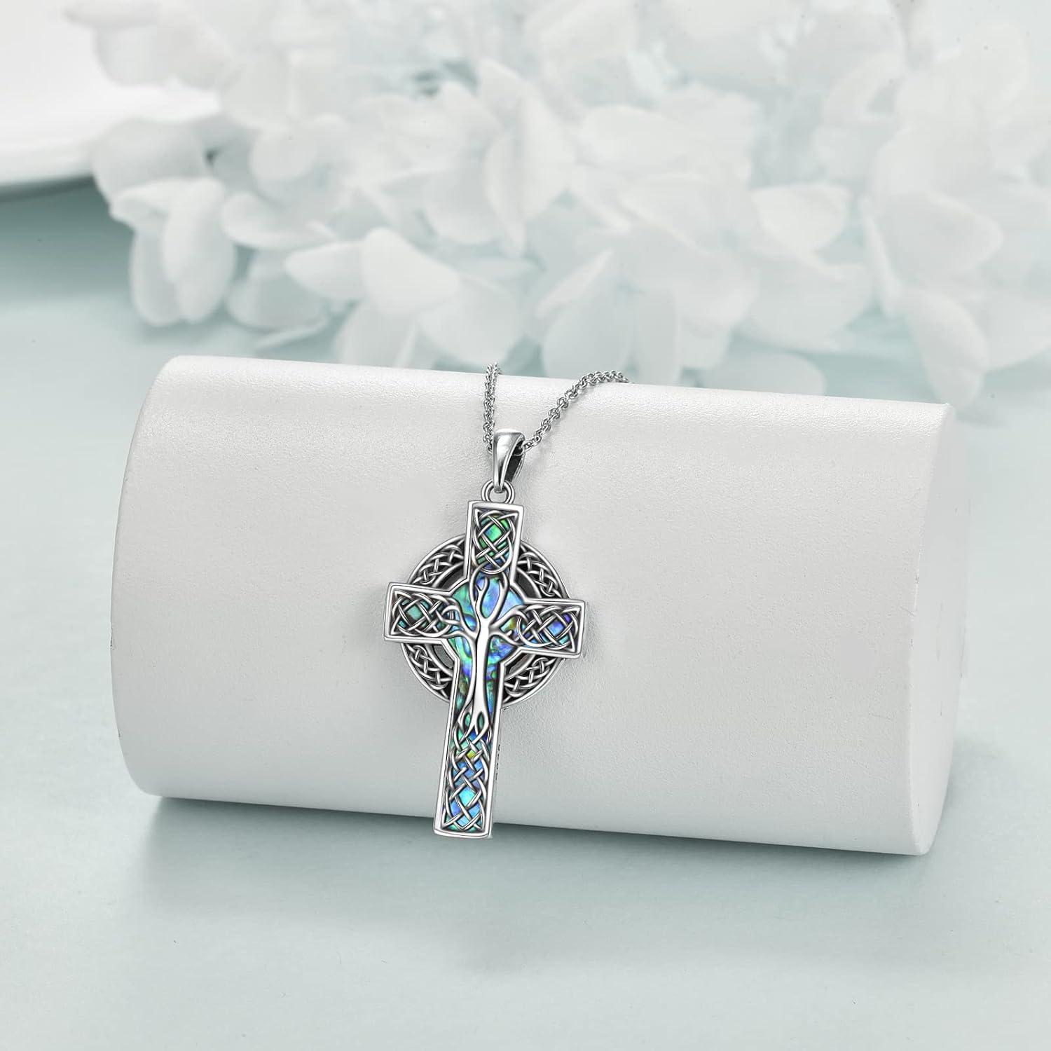 image:imageYFN Celtic Cross Necklace Sterling Silver Celtic Tree of Life Pendant Abalone Shell Cross Jewelry Gifts for Women Men