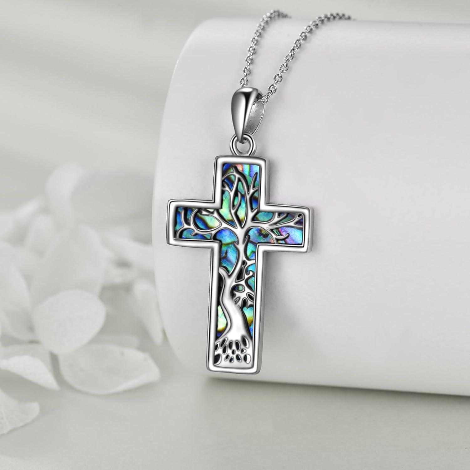 image:imageYFN Cross Necklace 925 Sterling Silver Celtic Knot Cross Infinity Heart Love Pendant Necklace 18Abalone Shell Tree of Life Necklace