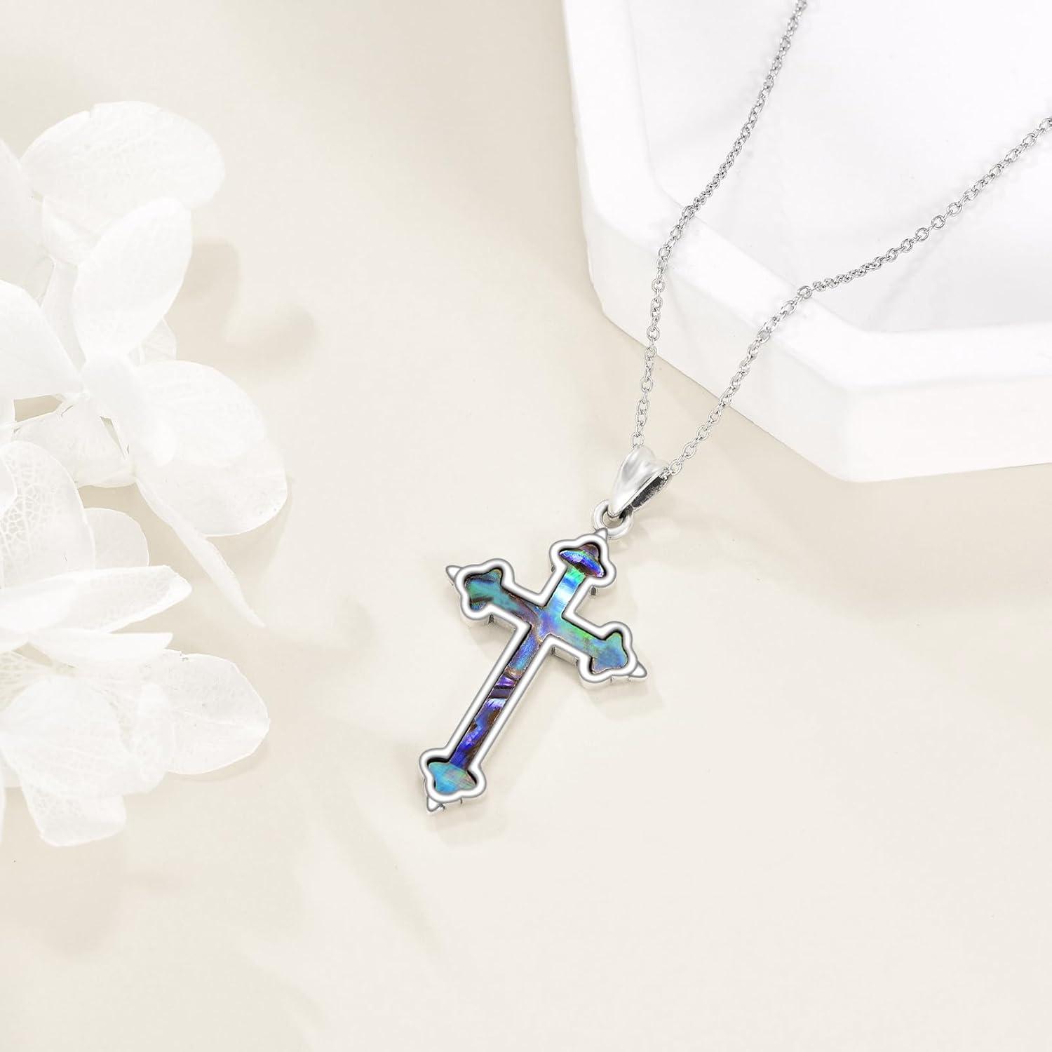 image:imageYFN Cross Necklace 925 Sterling Silver Celtic Knot Cross Infinity Heart Love Pendant Necklace 18SilverCross Necklace with Abalone