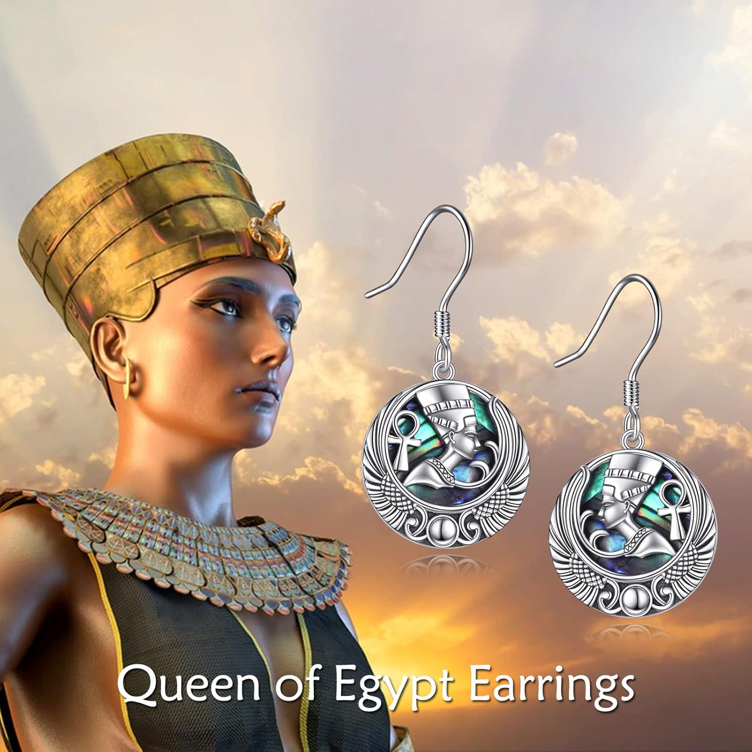image:imageYFN Egyptian Earrings Sterling Silver Egypt God Dangle Drop Earrings Abalone Shell Egypt Jewelry Gifts for Women GirlsNefertiti
