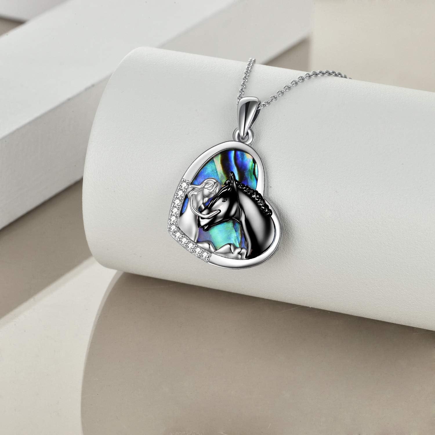 image:imageYFN Horse Pendant Necklace Jewelry 925 Sterling Silver Women Embrace Horse Gift for WomenBlack Horse with Abalone Shell Necklace