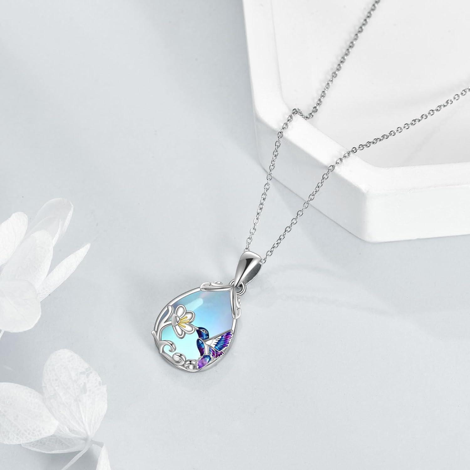 image:imageYFN Hummingbird Necklace for Women S925 Sterling Silver Blue Purple Hummingbird Pendant Necklace Hummingbirds Flower Jewelry Charm Memorial Mothers Day GiftsSilverHummingbird Necklace with Moonstone