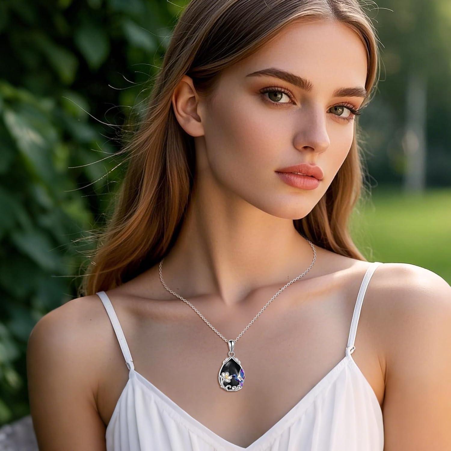 image:imageYFN Hummingbird Necklace for Women S925 Sterling Silver Blue Purple Hummingbird Pendant Necklace Hummingbirds Flower Jewelry Charm Memorial Mothers Day GiftsSilverHummingbird Necklace with Black Agate