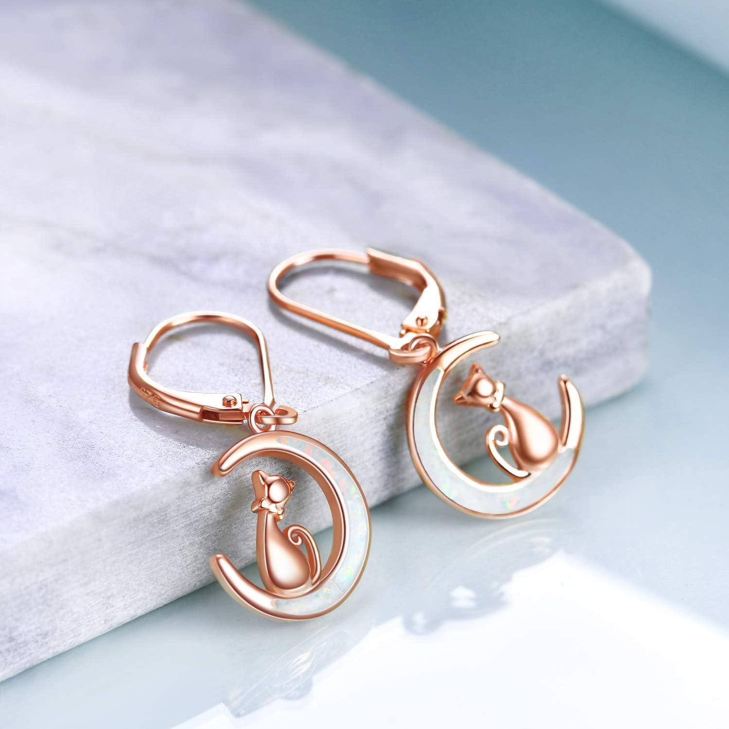 image:imageYFN Rose Cat Moon Opal Earrings Sterling Silver Cat Lovers Gift Drop Dangle Earrings for Women