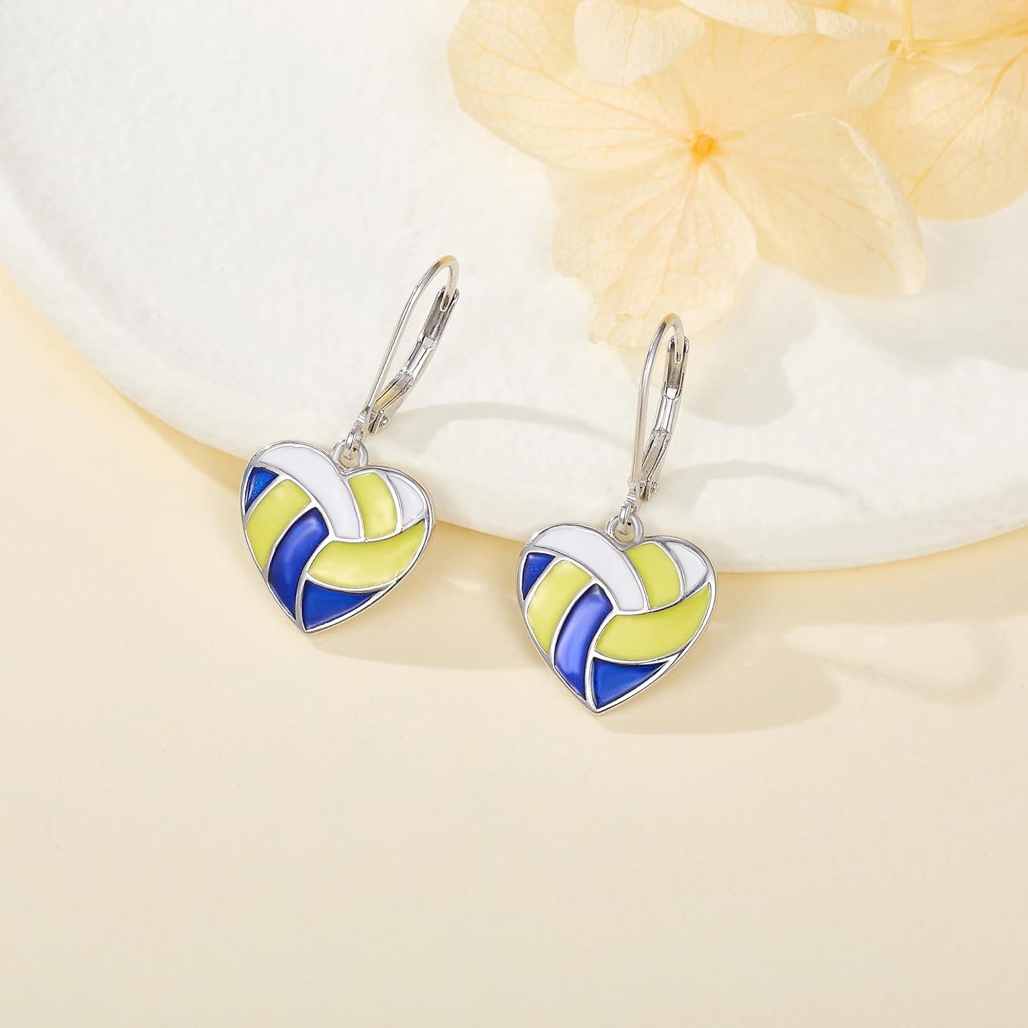 image:imageYFN Sports Jewelry Earrings 925 Sterling Silver Baseball Softball Basketball Rugby Football Tennis Volleyball Earrings for Women and Sports Fans Giftstricolor volleyball