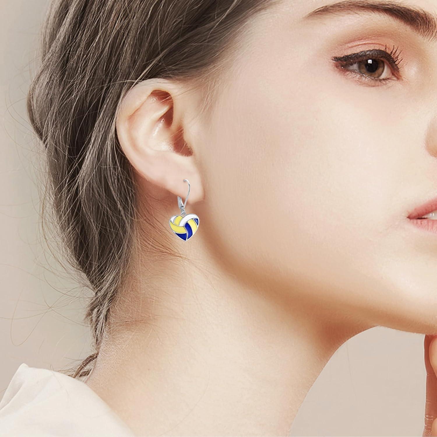 image:imageYFN Sports Jewelry Earrings 925 Sterling Silver Baseball Softball Basketball Rugby Football Tennis Volleyball Earrings for Women and Sports Fans Giftstricolor volleyball
