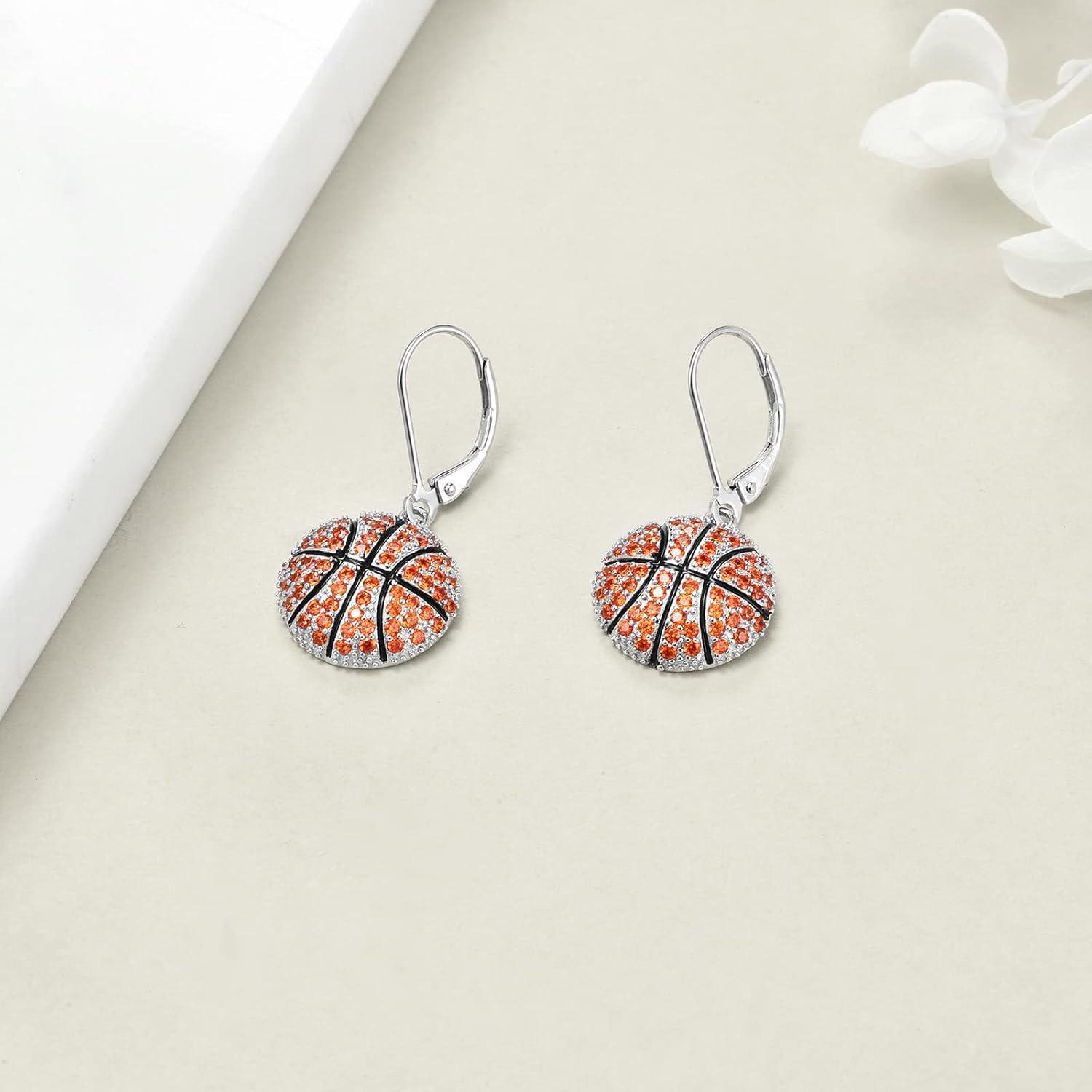 image:imageYFN Sports Jewelry Earrings 925 Sterling Silver Baseball Softball Basketball Rugby Football Tennis Volleyball Earrings for Women and Sports Fans Giftsorange basketball
