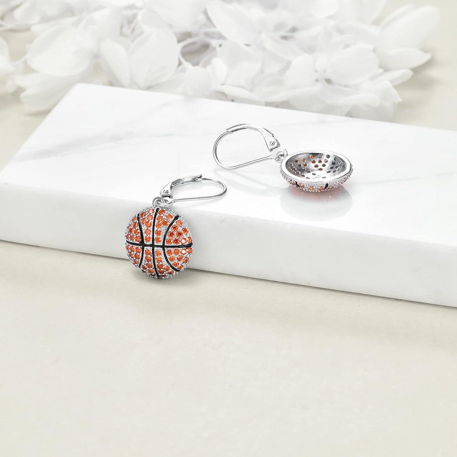 image:imageYFN Sports Jewelry Earrings 925 Sterling Silver Baseball Softball Basketball Rugby Football Tennis Volleyball Earrings for Women and Sports Fans Giftsorange basketball