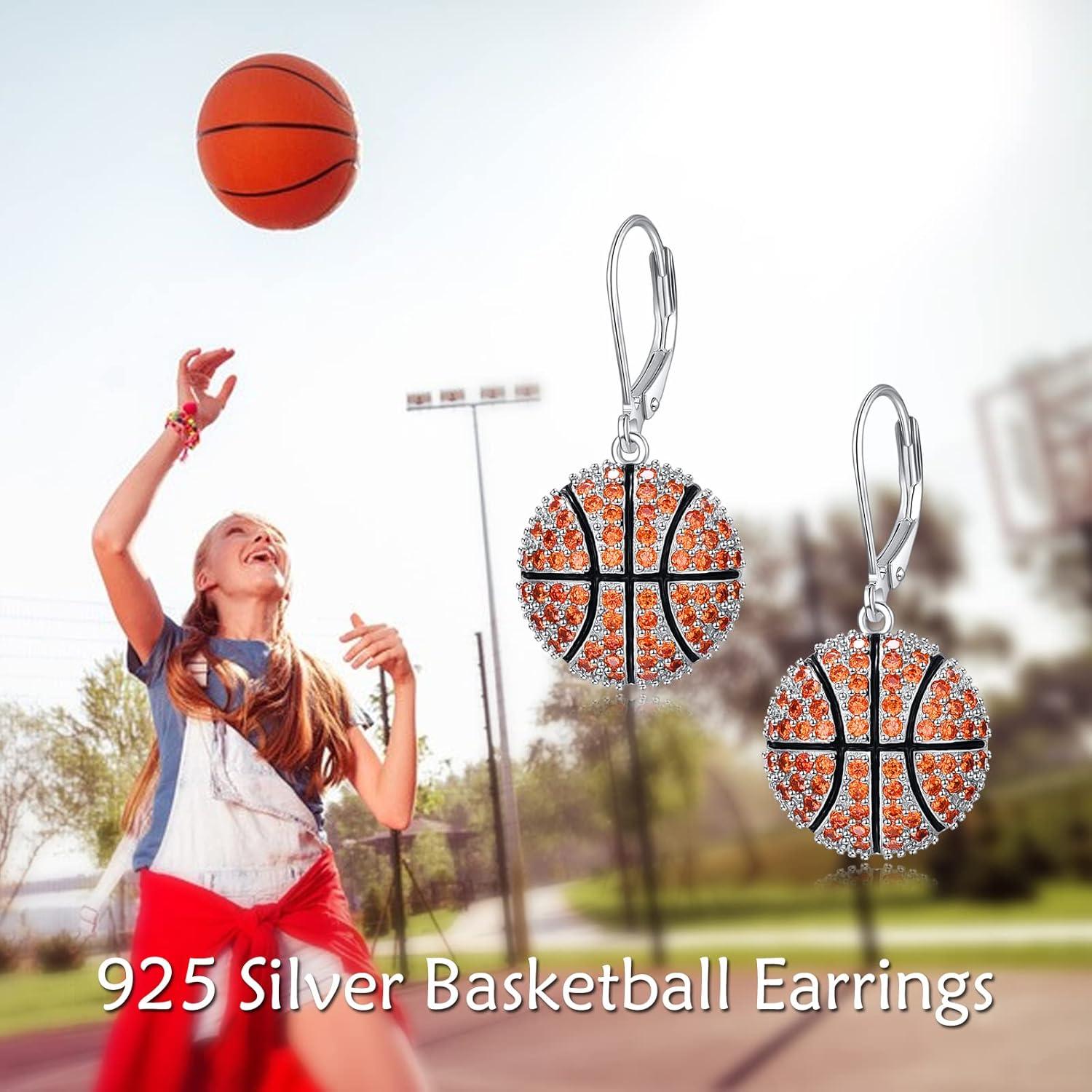 image:imageYFN Sports Jewelry Earrings 925 Sterling Silver Baseball Softball Basketball Rugby Football Tennis Volleyball Earrings for Women and Sports Fans Giftsorange basketball