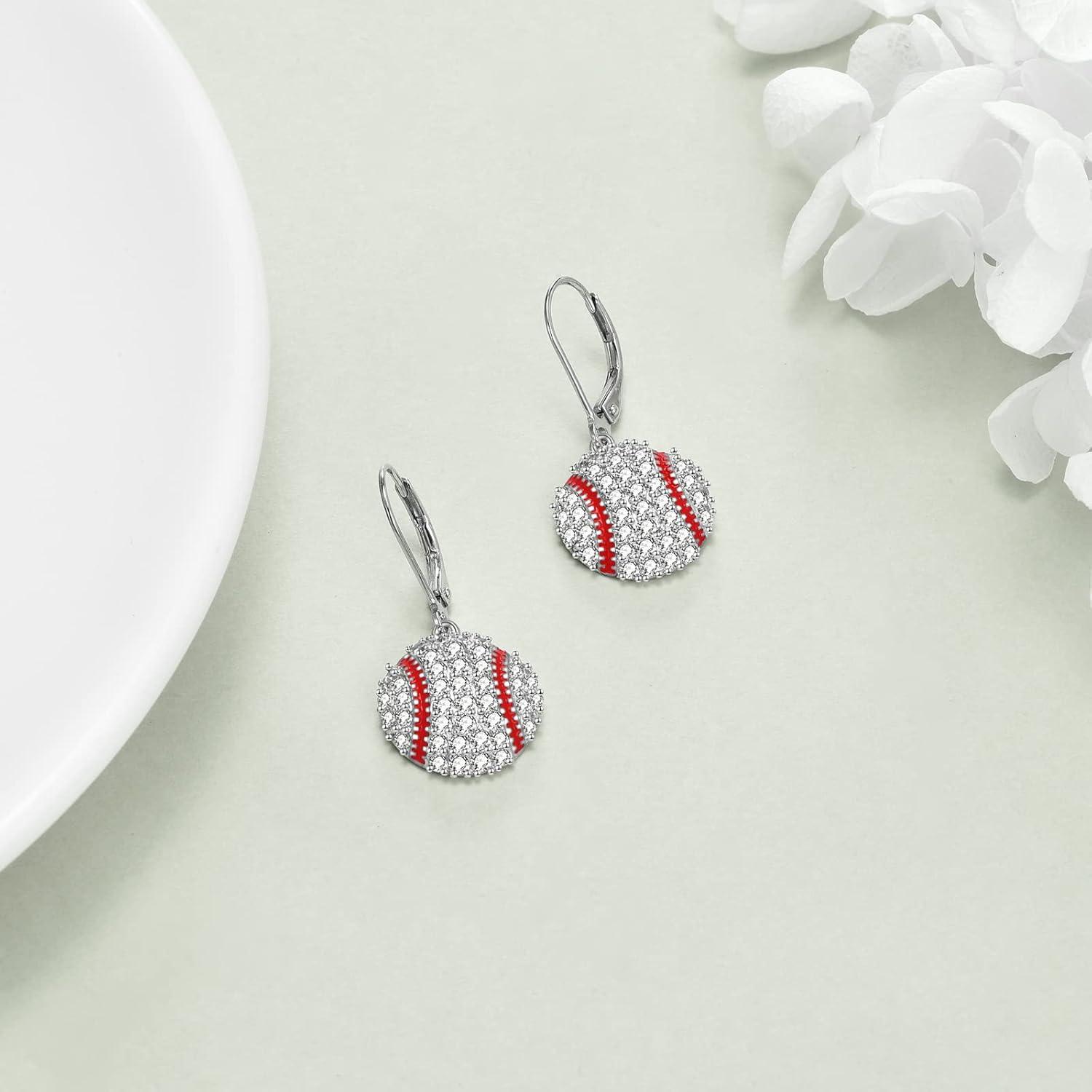 image:imageYFN Sports Jewelry Earrings 925 Sterling Silver Baseball Softball Basketball Rugby Football Tennis Volleyball Earrings for Women and Sports Fans Giftswhite red baseball
