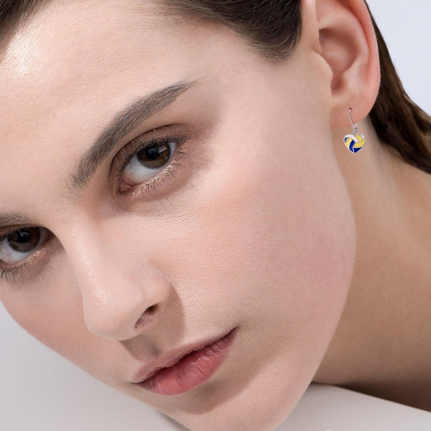 image:imageYFN Sports Jewelry Earrings 925 Sterling Silver Baseball Softball Basketball Rugby Football Tennis Volleyball Earrings for Women and Sports Fans Giftstricolor volleyball