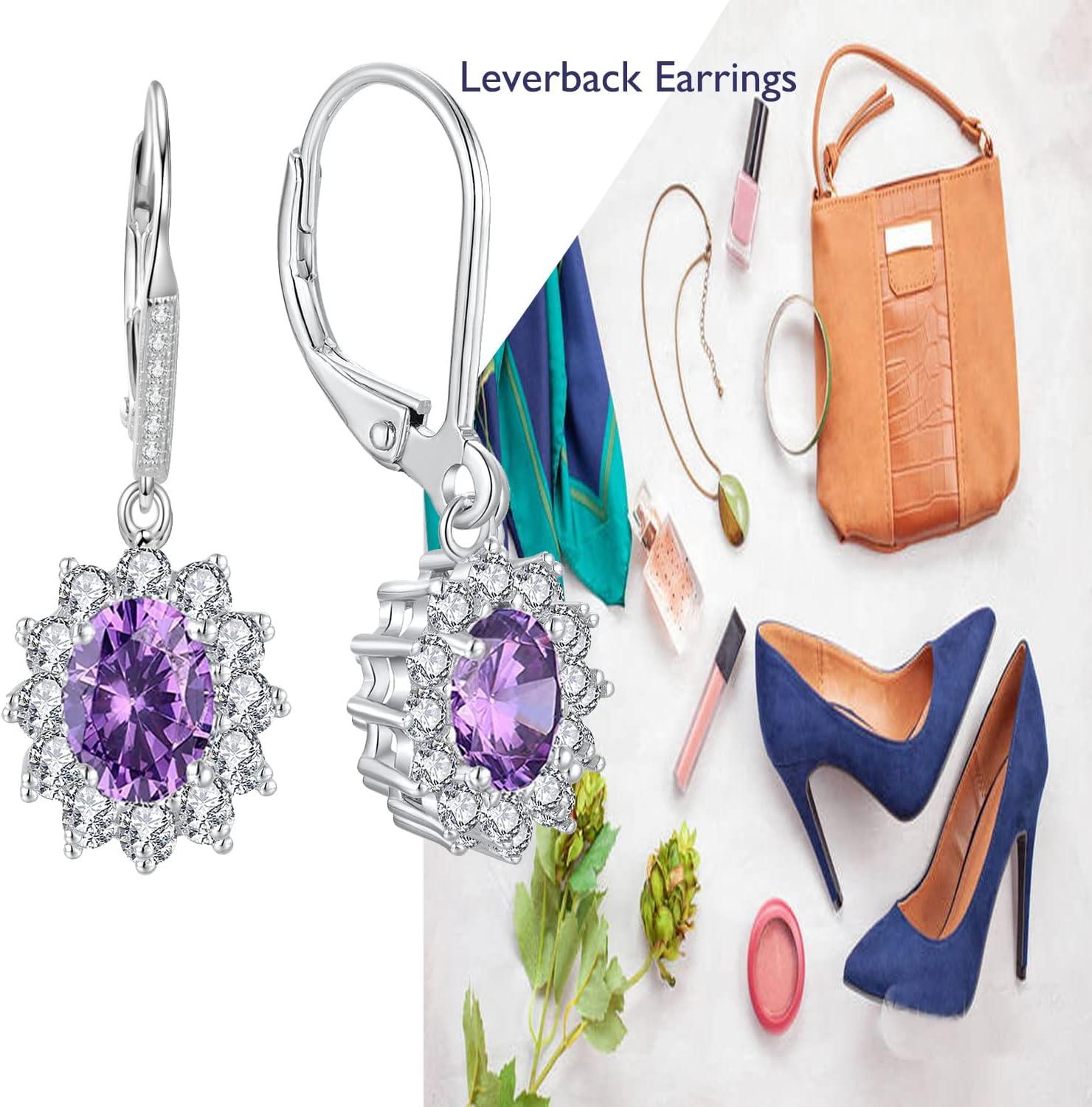 image:imageYFN Sterling Silver Created Oval Cut Birthstone Drop Dangle Women Leverback Earrings Gifts for Women MomAmethystpurple earrings for women