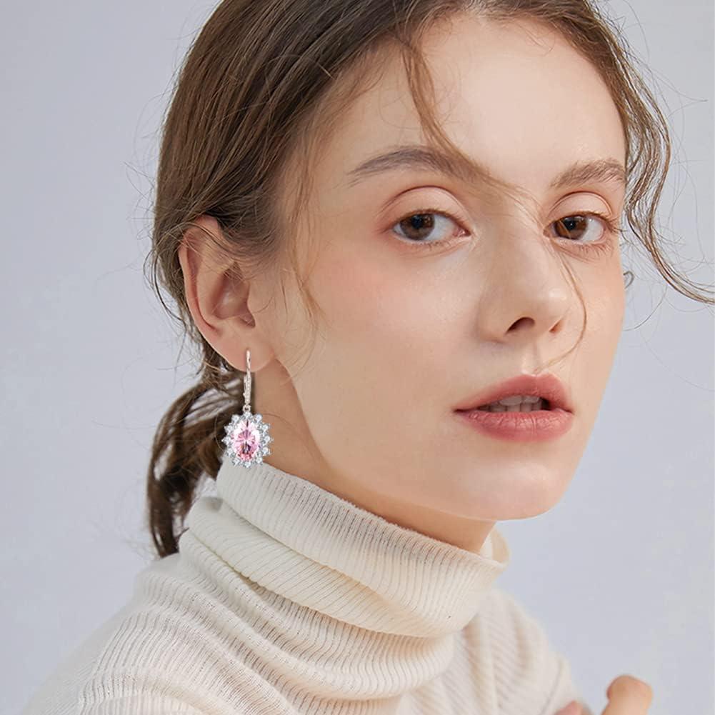 image:imageYFN Sterling Silver Created Oval Cut Birthstone Drop Dangle Women Leverback Earrings Gifts for Women MomPink Earrings for Women