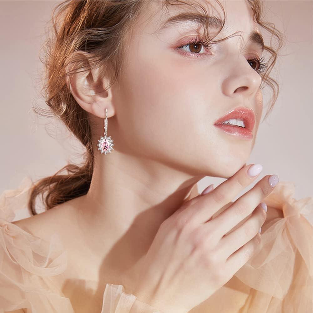 image:imageYFN Sterling Silver Created Oval Cut Birthstone Drop Dangle Women Leverback Earrings Gifts for Women MomPink Earrings for Women