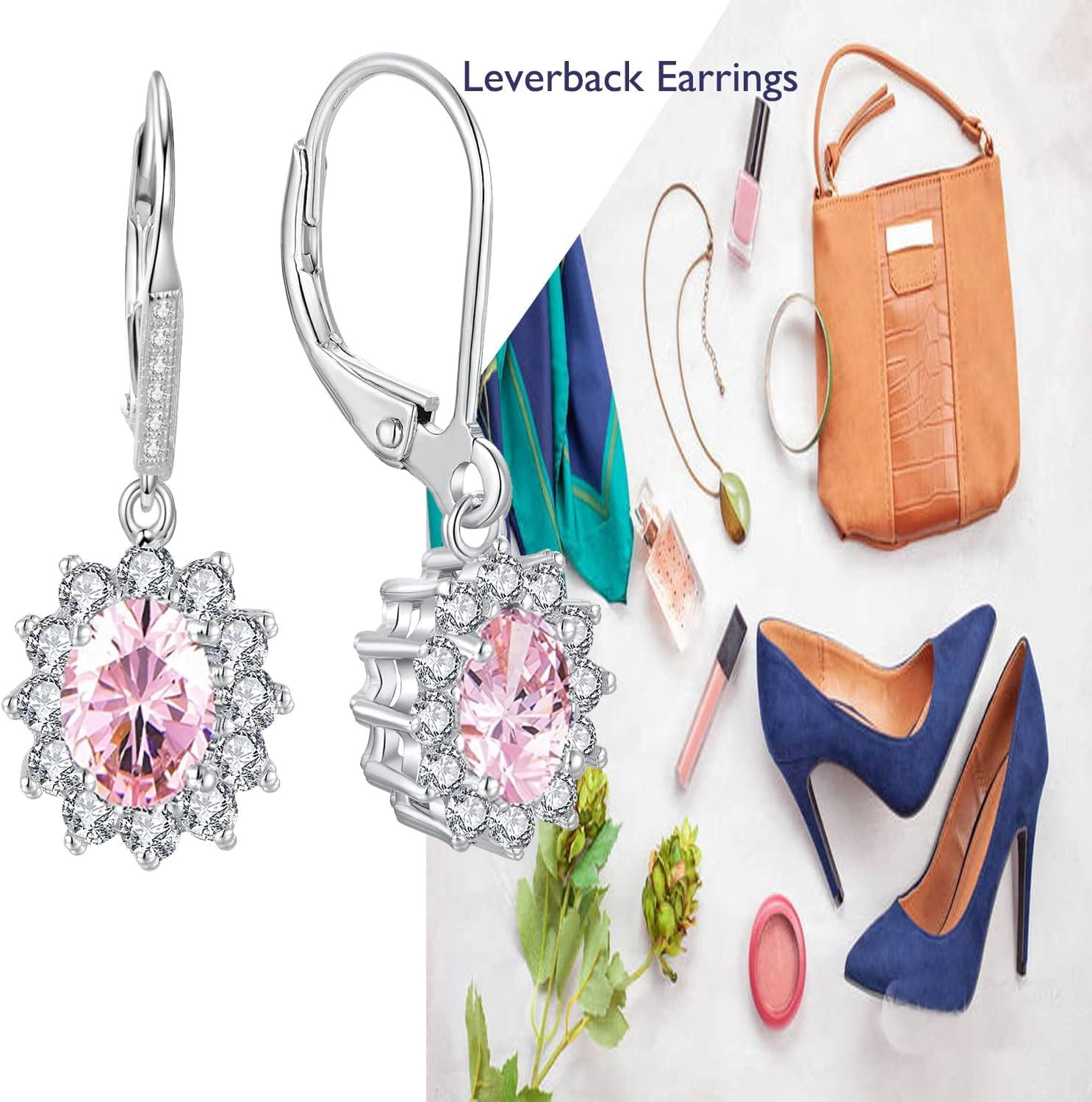 image:imageYFN Sterling Silver Created Oval Cut Birthstone Drop Dangle Women Leverback Earrings Gifts for Women MomPink Earrings for Women