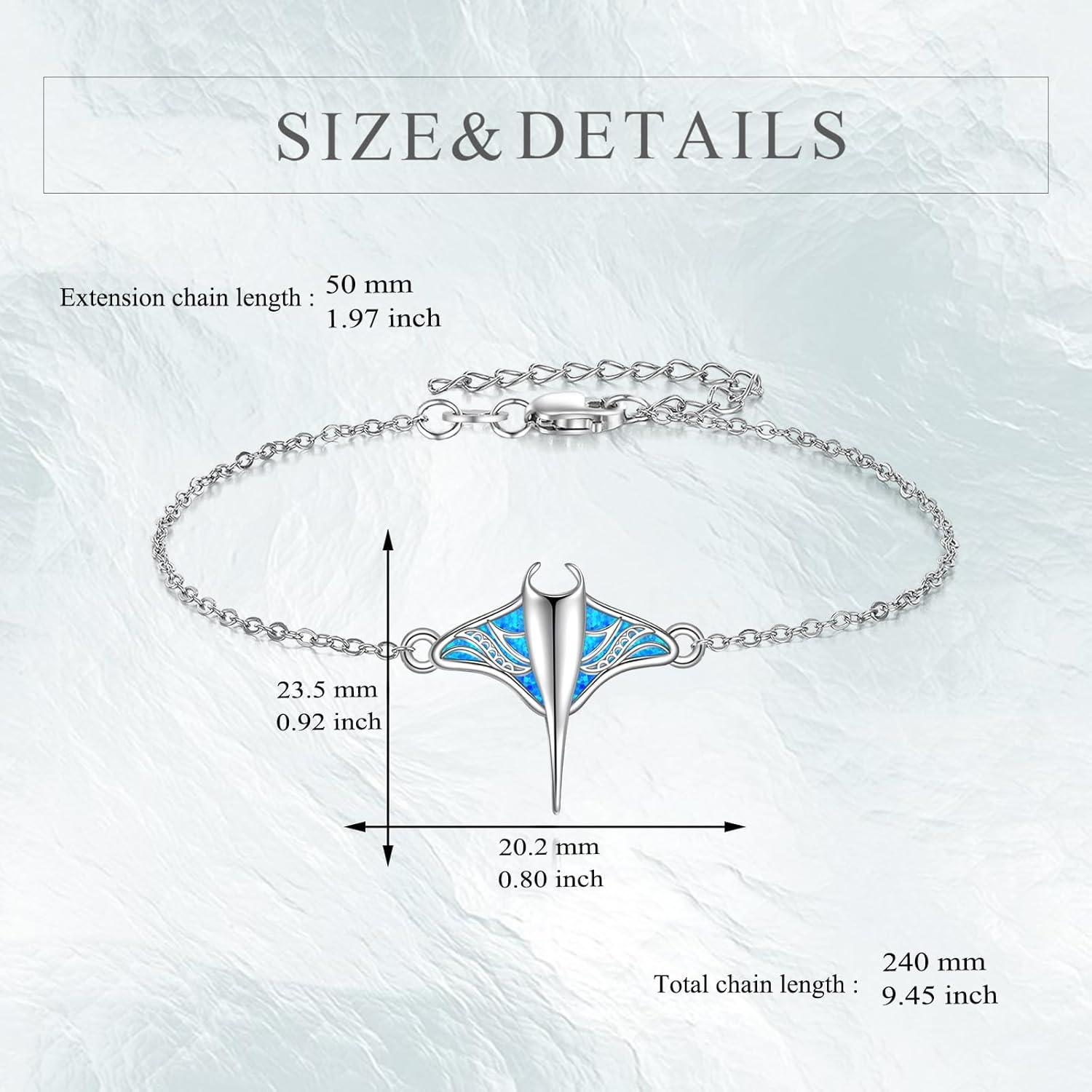 image:imageYFN Stingray Bracelet Sterling Silver Blue Opal Manta Ray Charm Bracelet Stingray Jewelry for Women Manta Ray Gifts for Mom